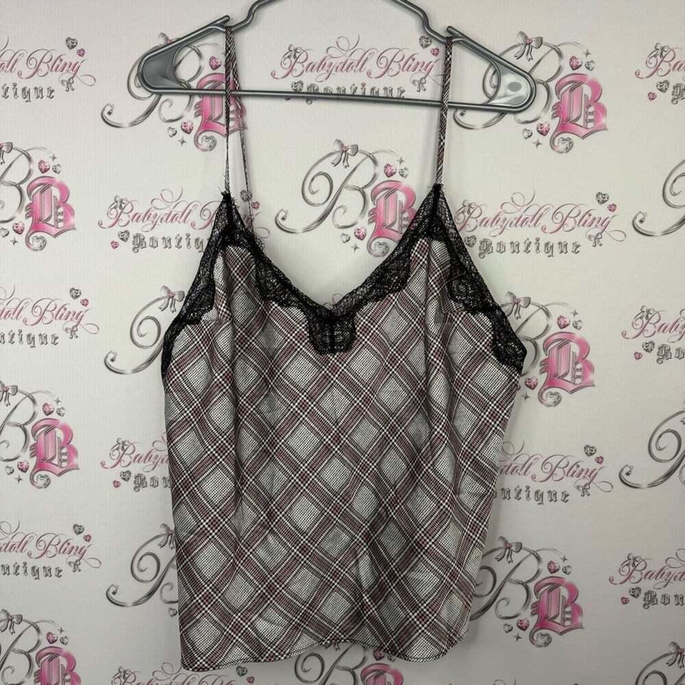 Victoria secret plaid camisole tank top satiny silky feel lace black pink white
